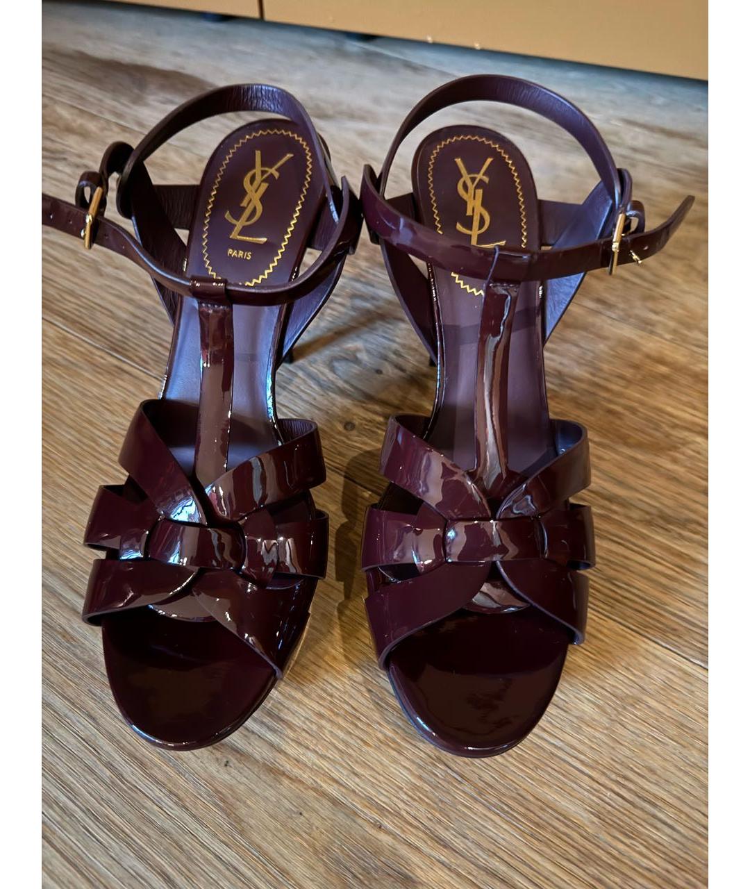 SAINT LAURENT Бордовые кожаные босоножки, фото 2