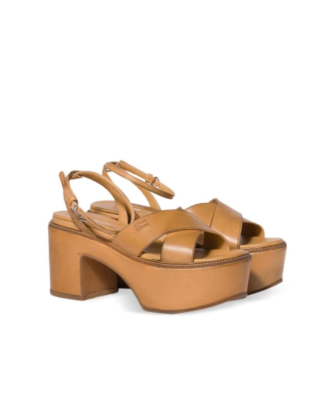 MIU MIU Горчичные кожаные босоножки, фото 5