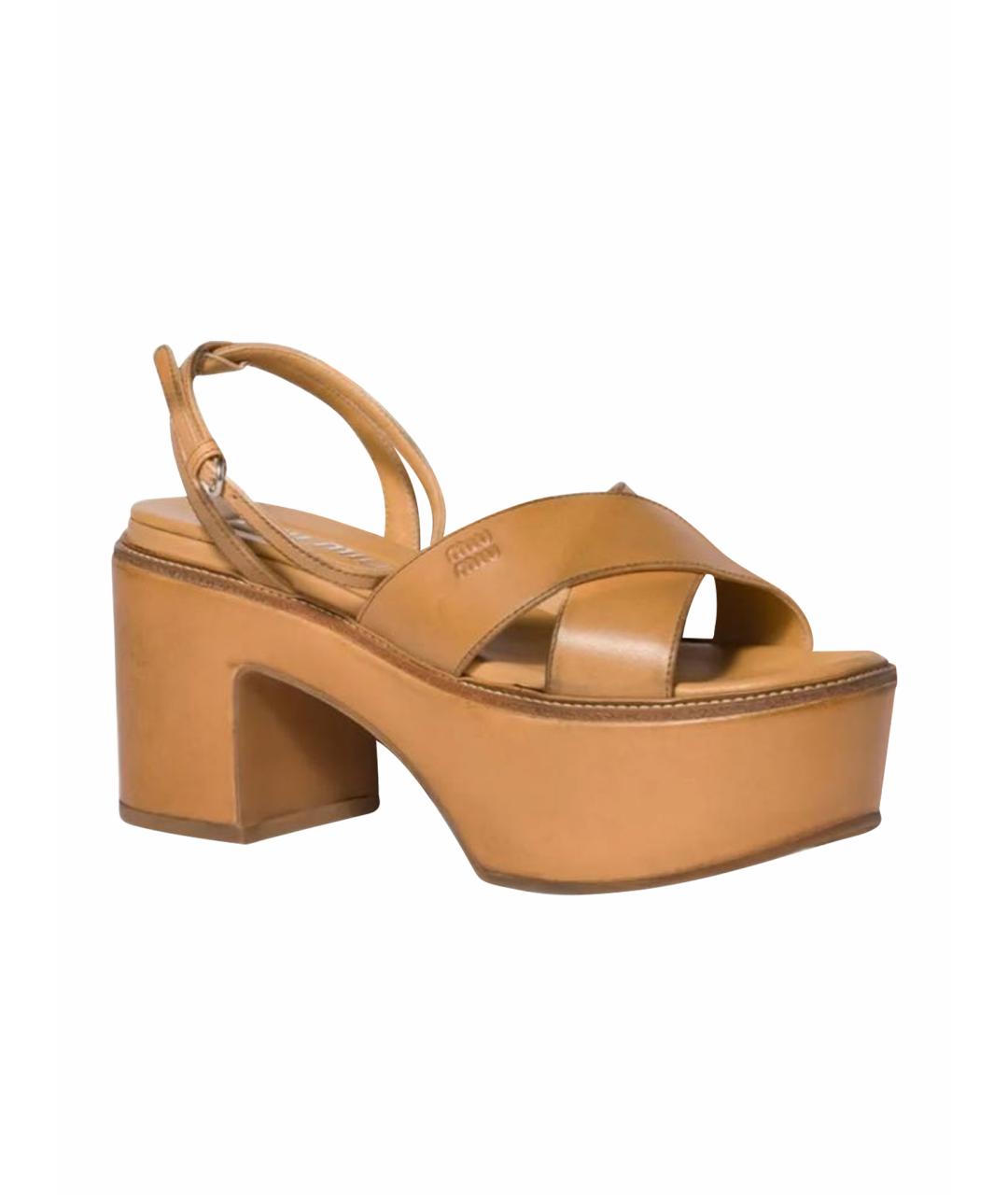 MIU MIU Горчичные кожаные босоножки, фото 7