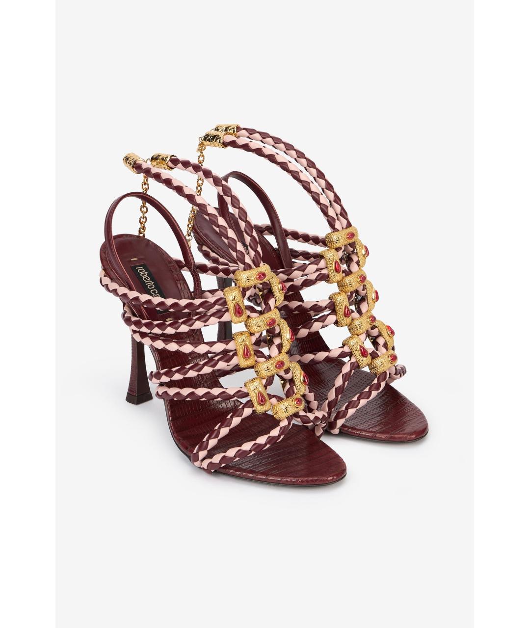 ROBERTO CAVALLI Бордовые кожаные босоножки, фото 2
