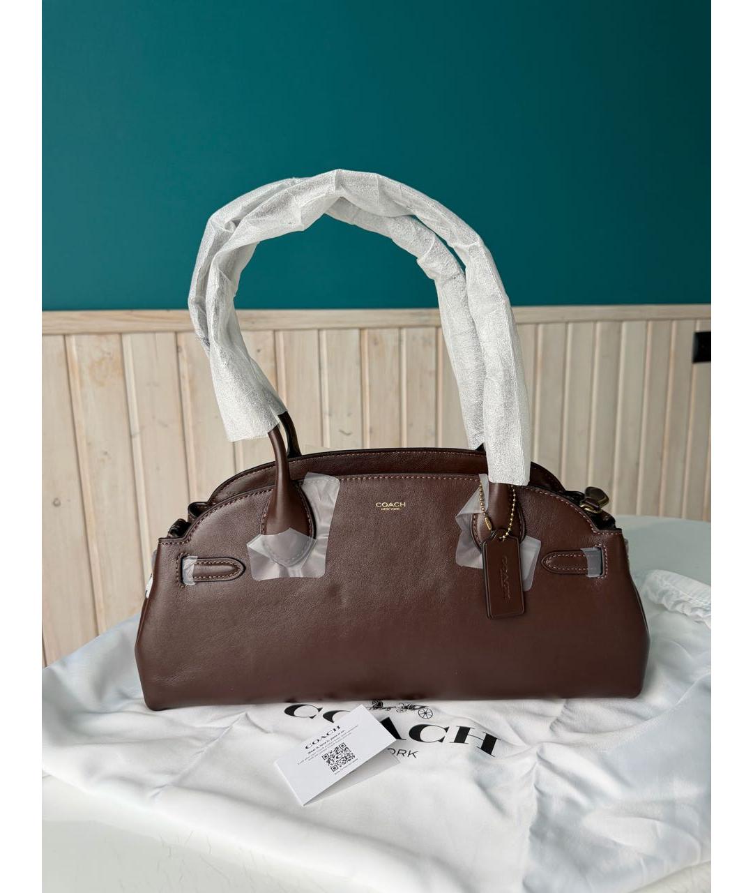 COACH Коричневая кожаная сумка с короткими ручками, фото 8