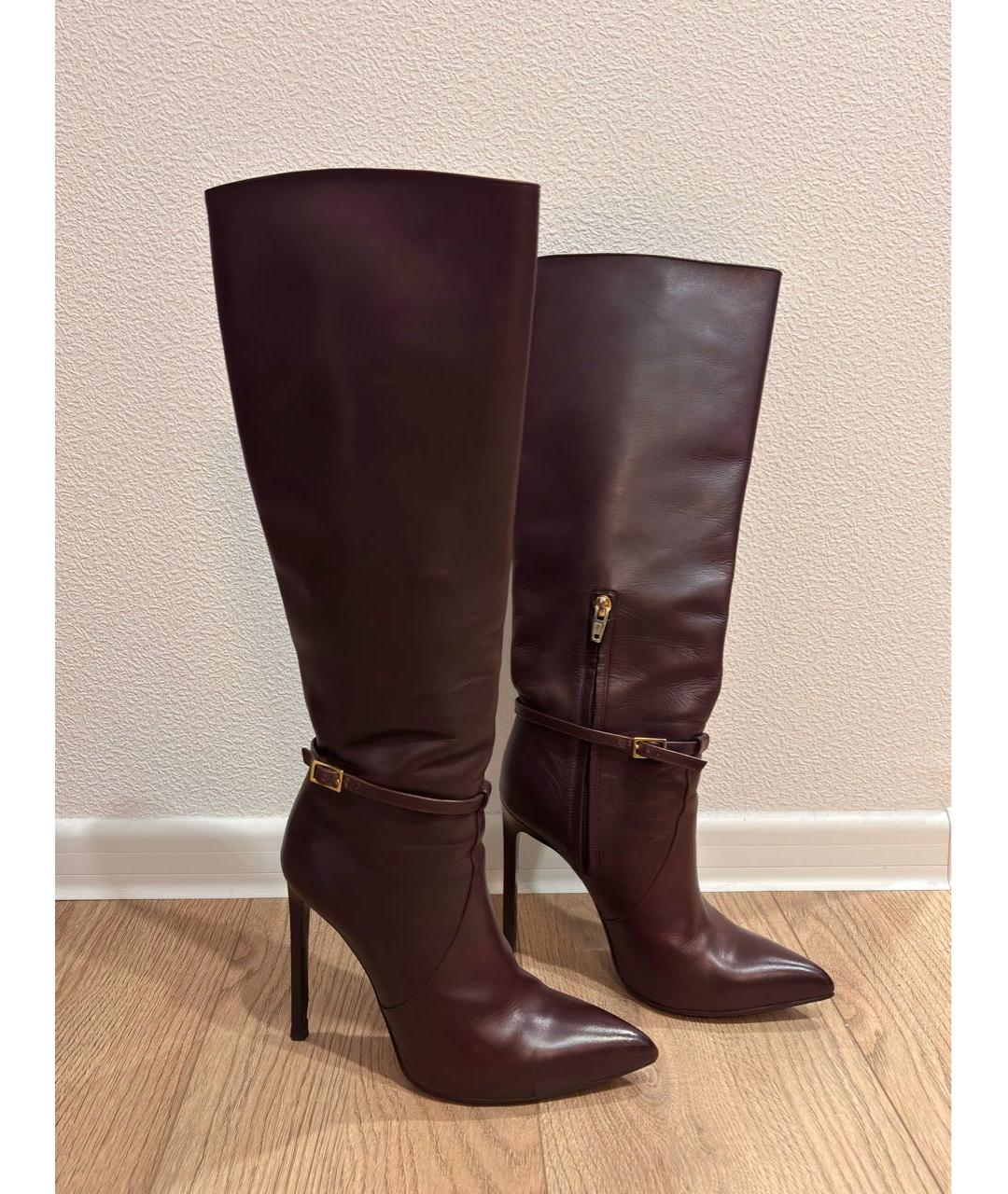 SAINT LAURENT Бордовые кожаные сапоги, фото 2