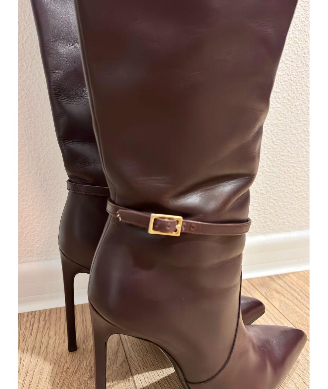 SAINT LAURENT Бордовые кожаные сапоги, фото 3