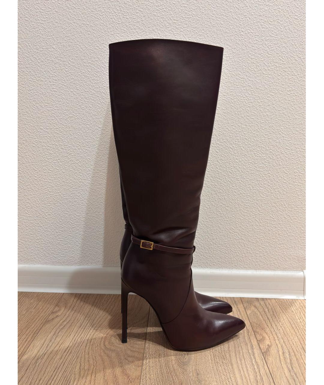 SAINT LAURENT Бордовые кожаные сапоги, фото 9