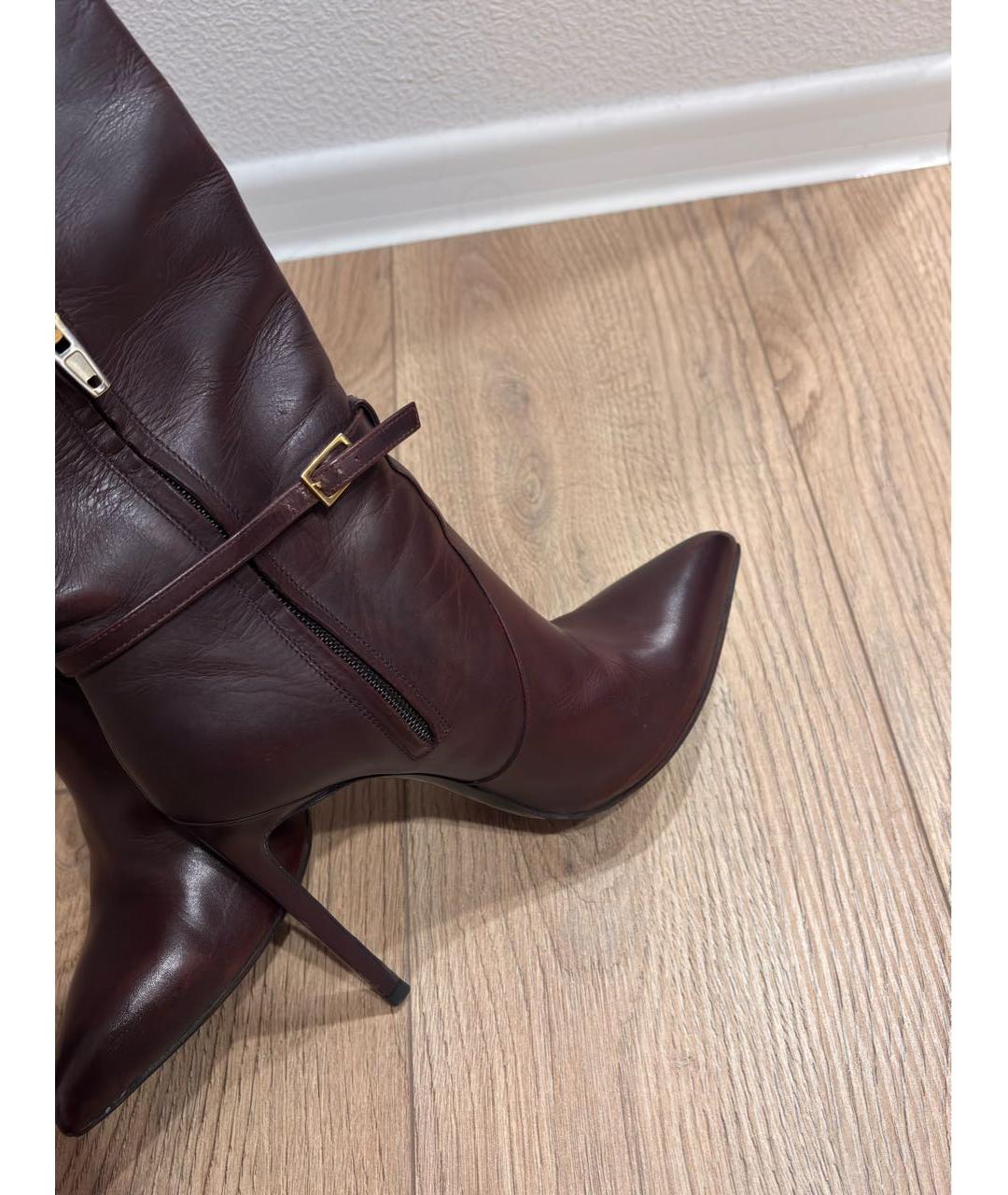 SAINT LAURENT Бордовые кожаные сапоги, фото 6