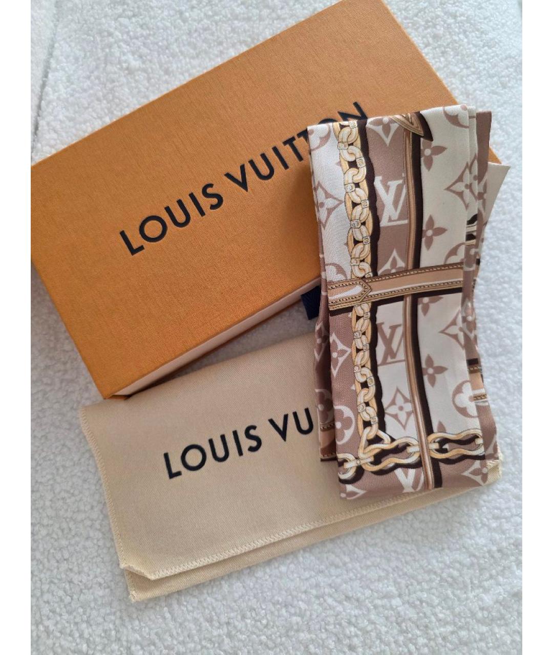 LOUIS VUITTON Бежевый шелковый шарф, фото 5