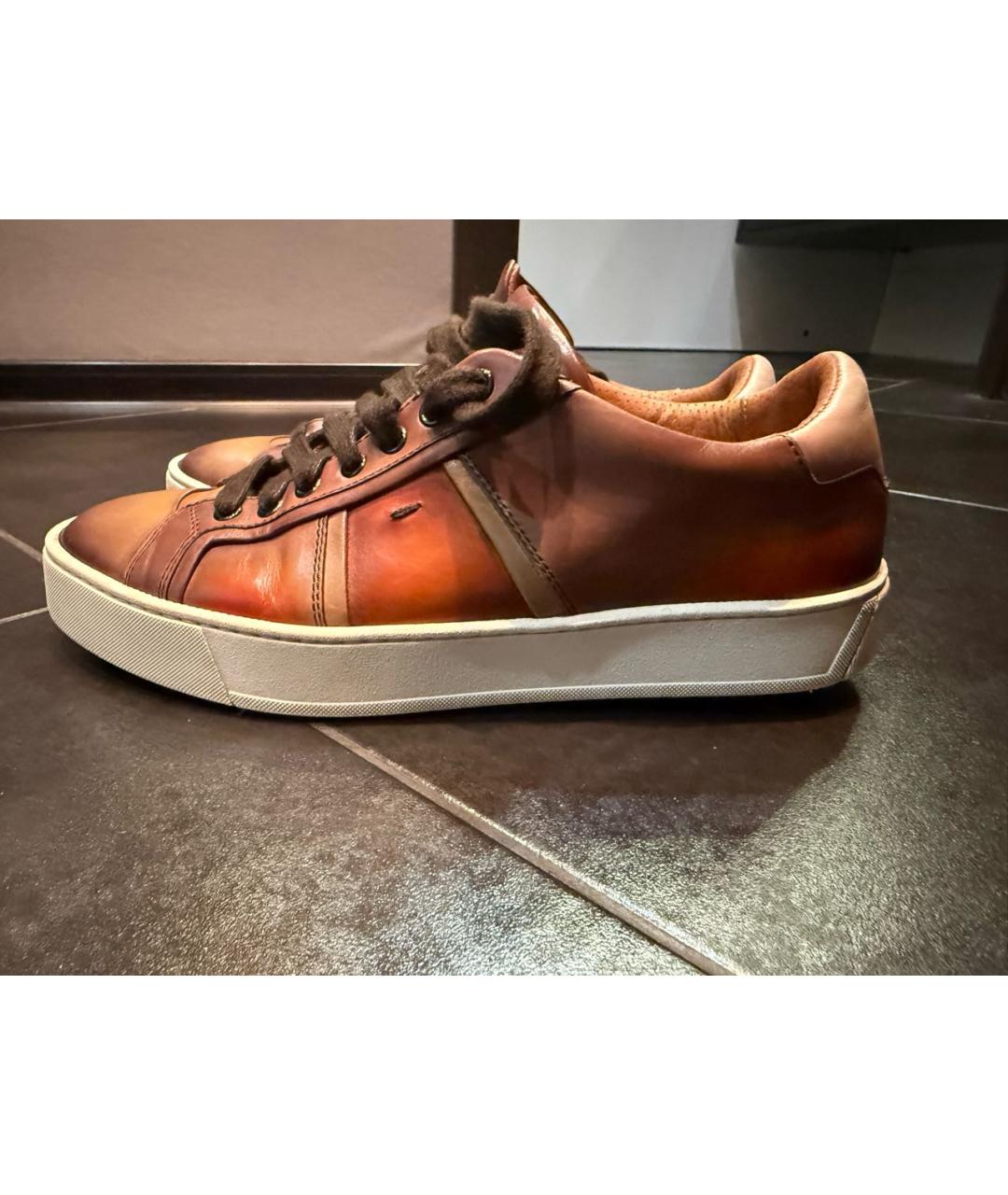 SANTONI Коричневые кожаные низкие кроссовки / кеды, фото 9