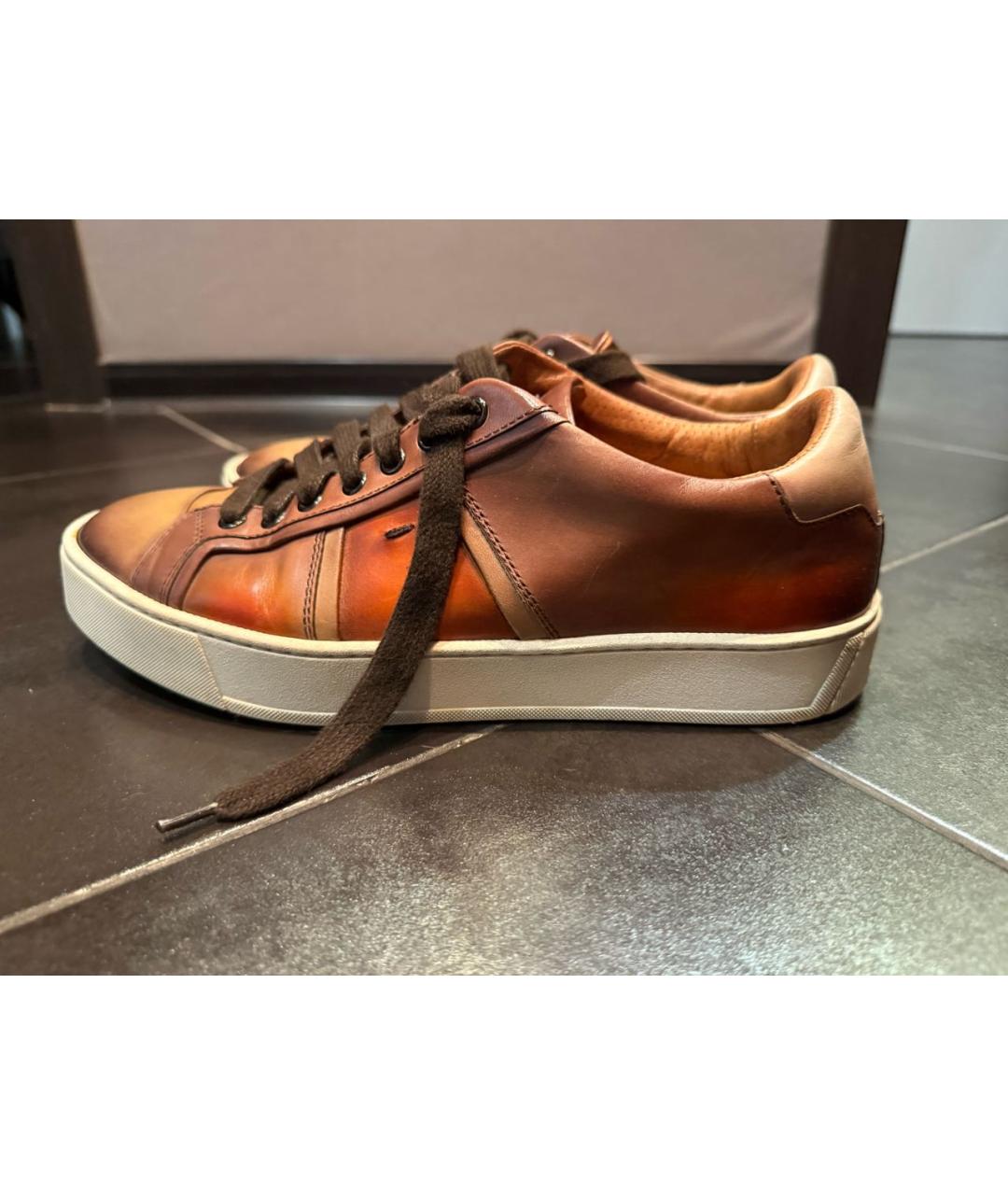 SANTONI Коричневые кожаные низкие кроссовки / кеды, фото 7