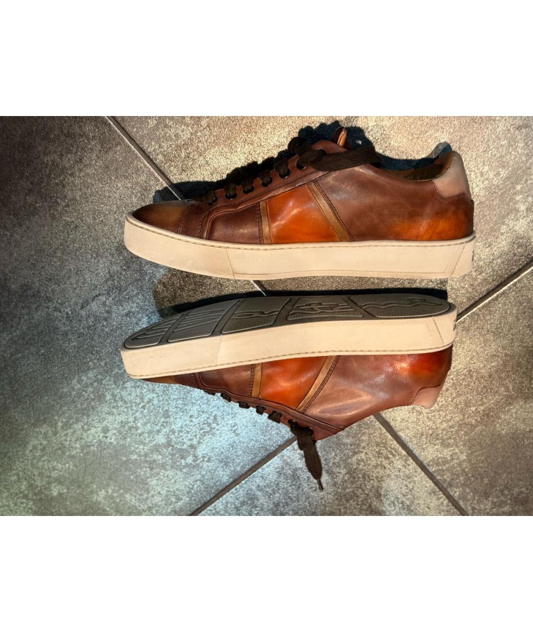 SANTONI Коричневые кожаные низкие кроссовки / кеды, фото 6