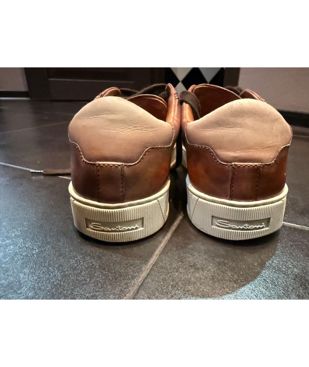 SANTONI Коричневые кожаные низкие кроссовки / кеды, фото 4