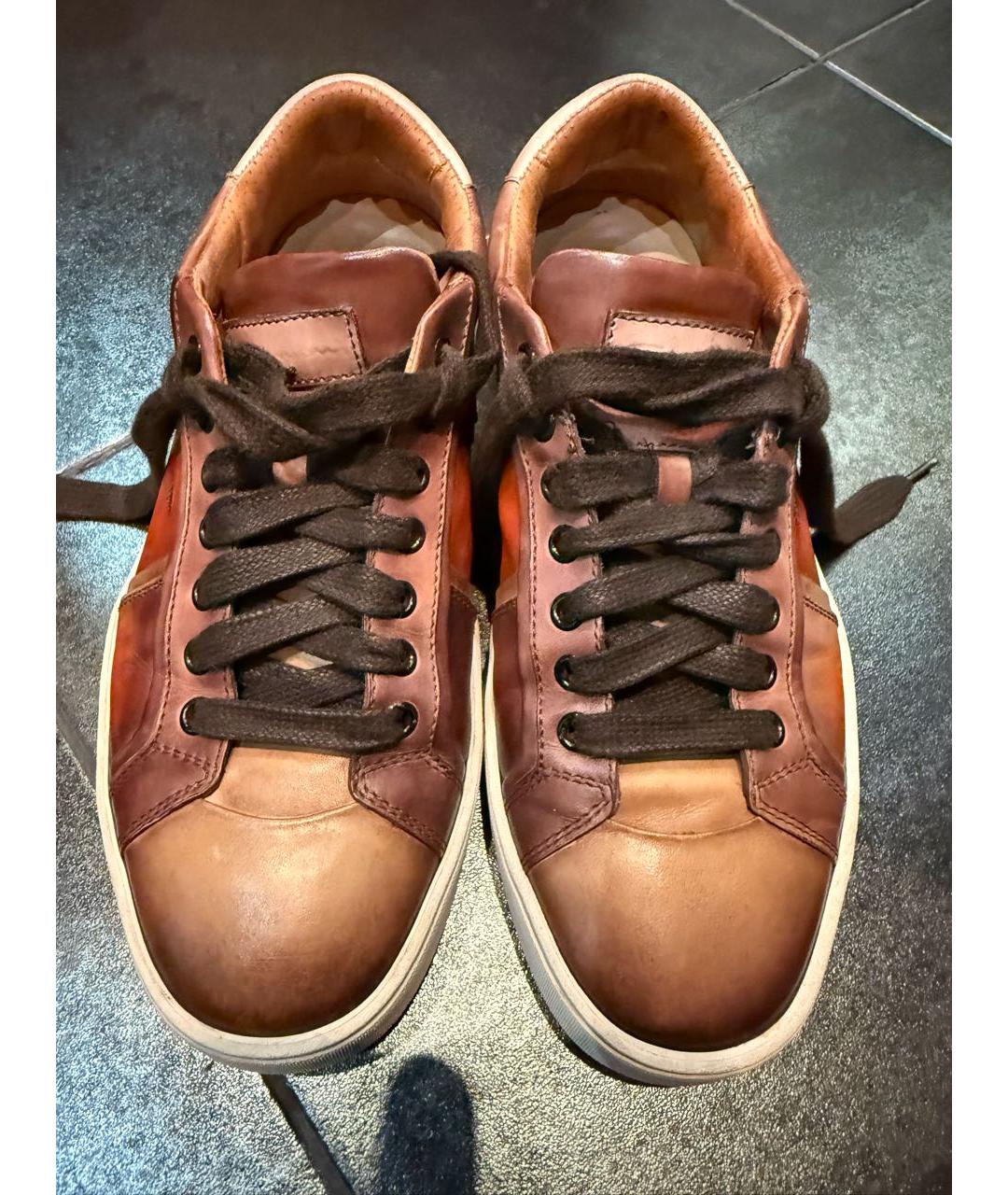 SANTONI Коричневые кожаные низкие кроссовки / кеды, фото 5