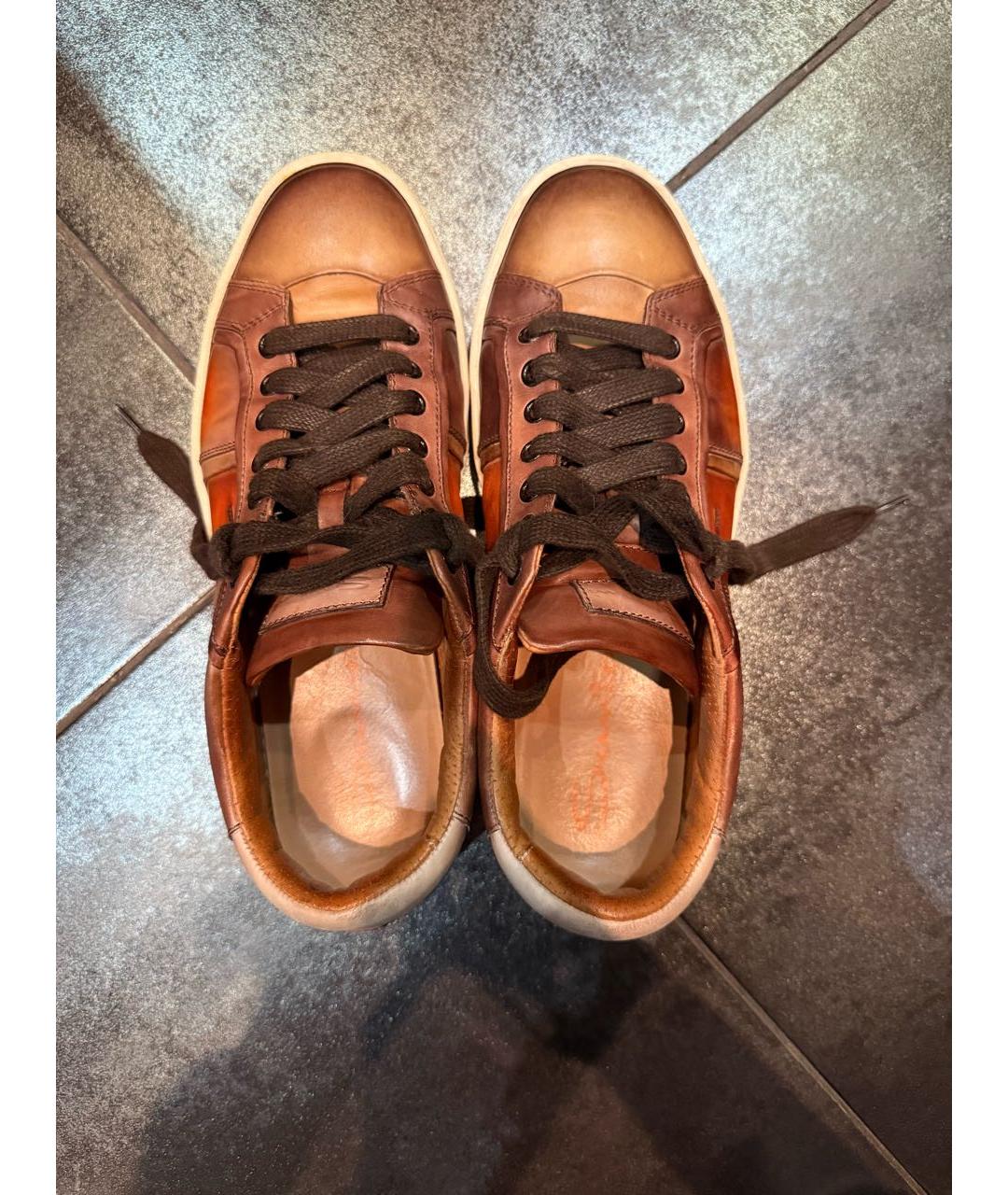 SANTONI Коричневые кожаные низкие кроссовки / кеды, фото 3