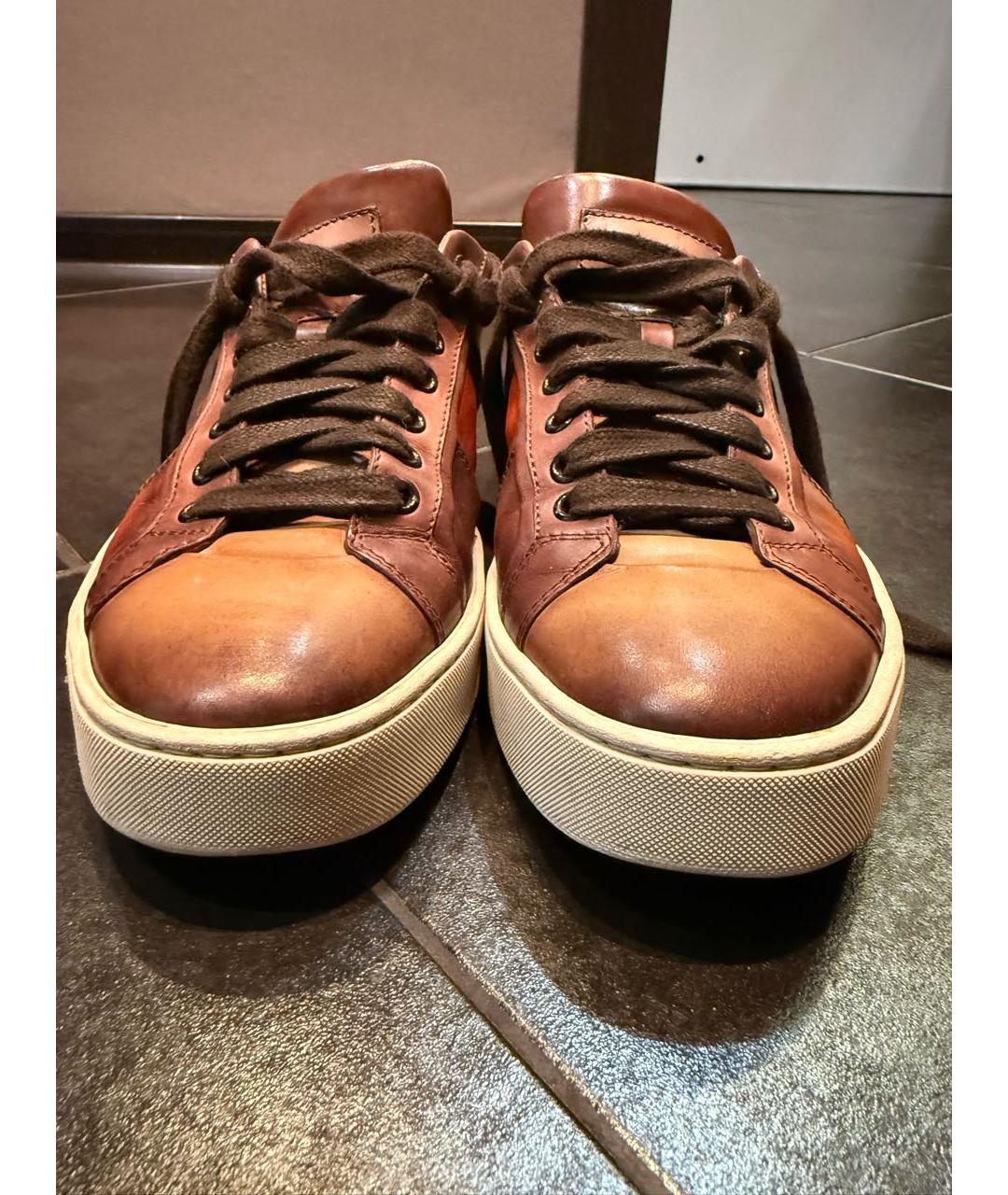 SANTONI Коричневые кожаные низкие кроссовки / кеды, фото 2