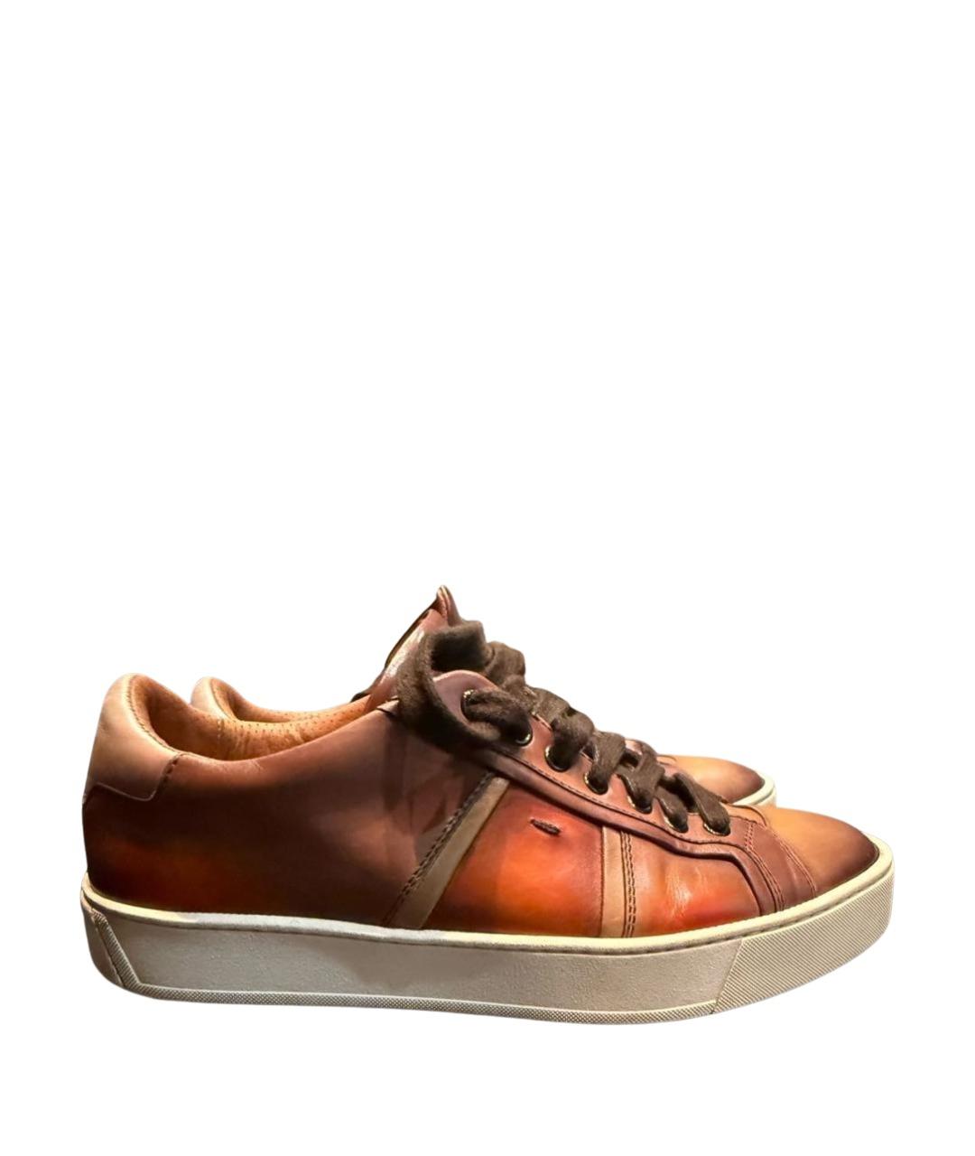 SANTONI Коричневые кожаные низкие кроссовки / кеды, фото 1