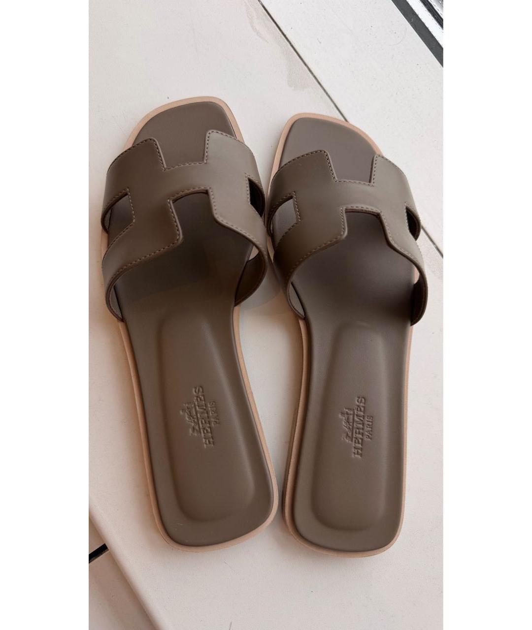 HERMES Серые кожаные шлепанцы, фото 7