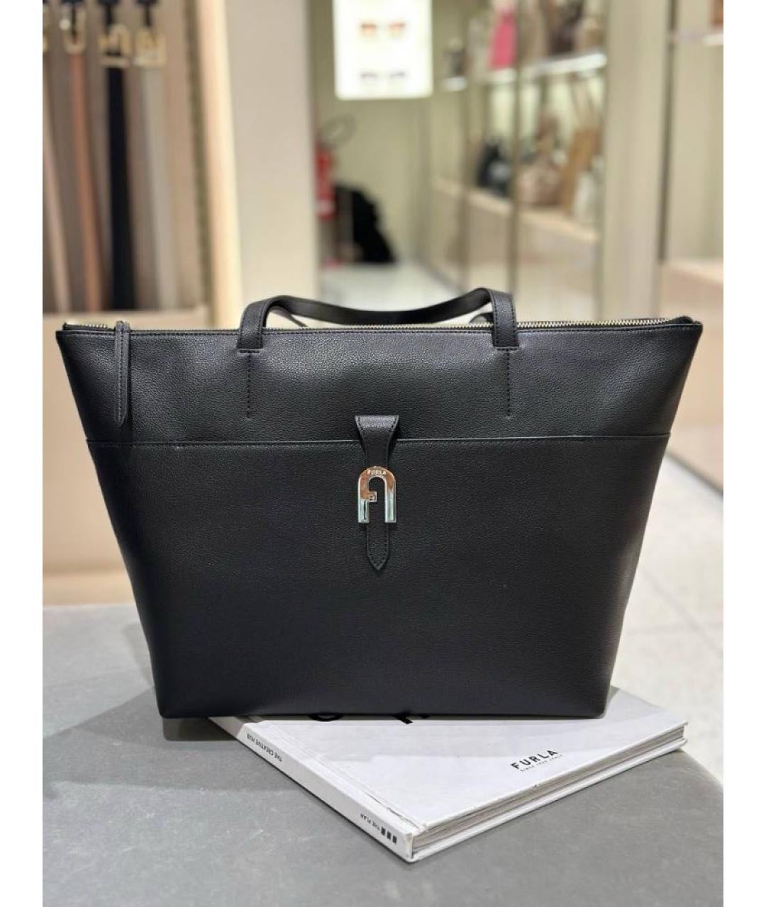 FURLA Черная кожаная сумка тоут, фото 5