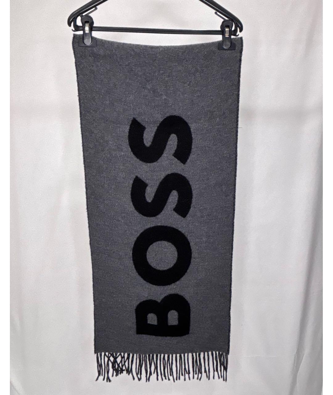 HUGO BOSS Серый шерстяной шарф, фото 4