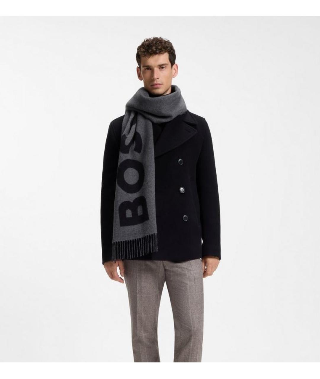 HUGO BOSS Серый шерстяной шарф, фото 2