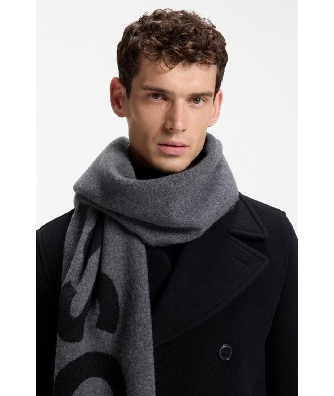 HUGO BOSS Серый шерстяной шарф, фото 3