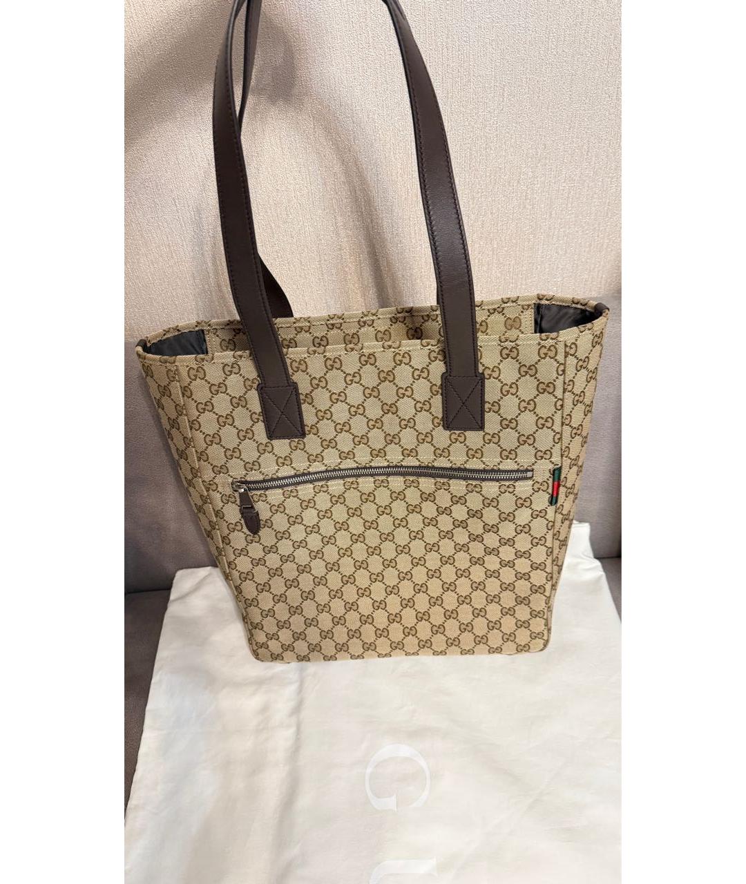 GUCCI Коричневая жаккардовая сумка с короткими ручками, фото 3