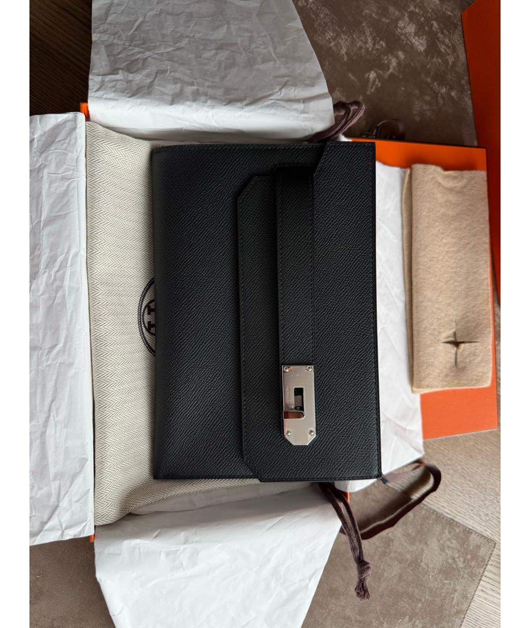 HERMES Черная кожаная барсетка, фото 6