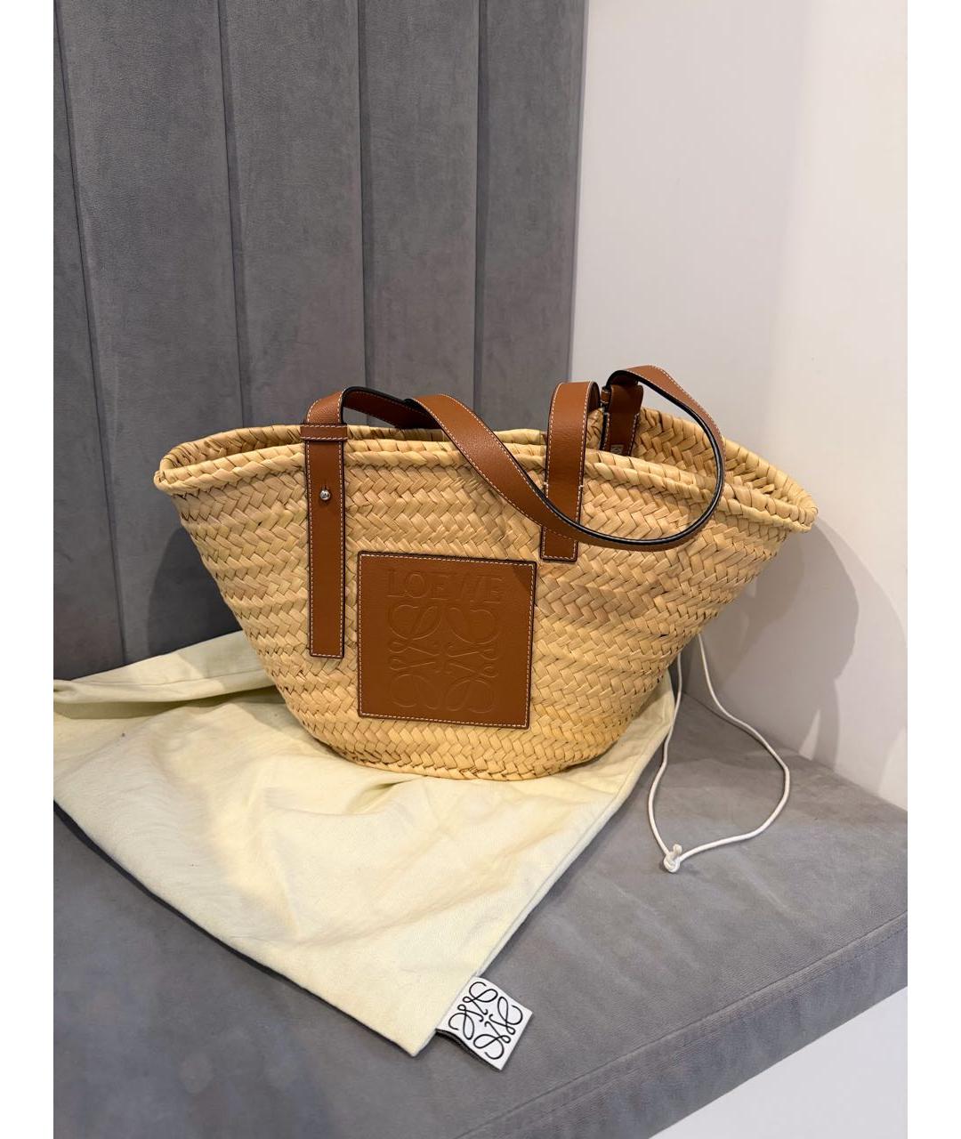 LOEWE Бежевая рафиевая пляжная сумка, фото 5