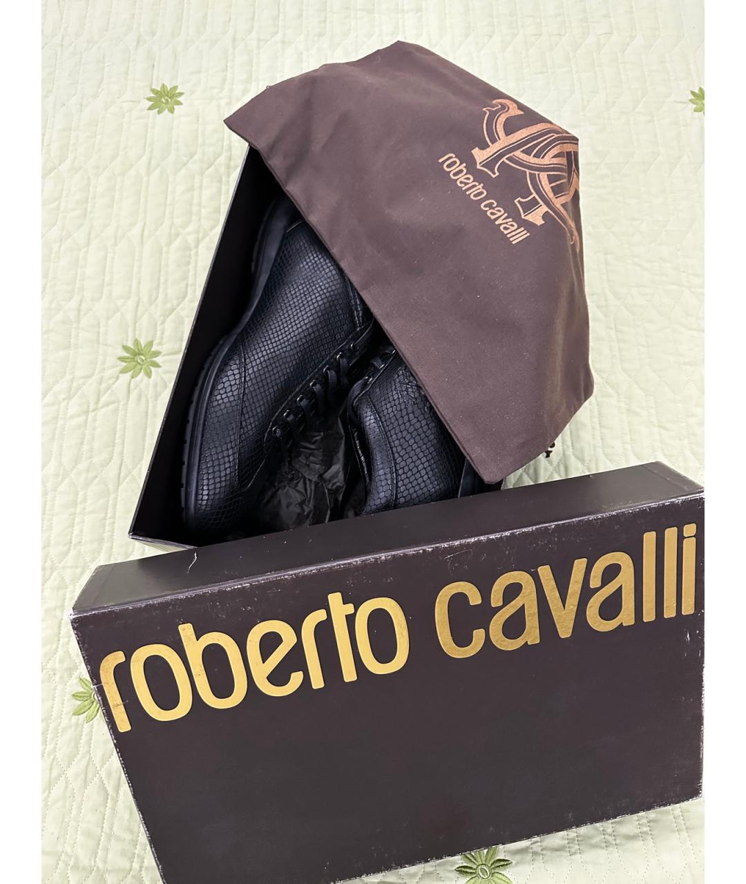 ROBERTO CAVALLI Черные кожаные низкие кроссовки / кеды, фото 8