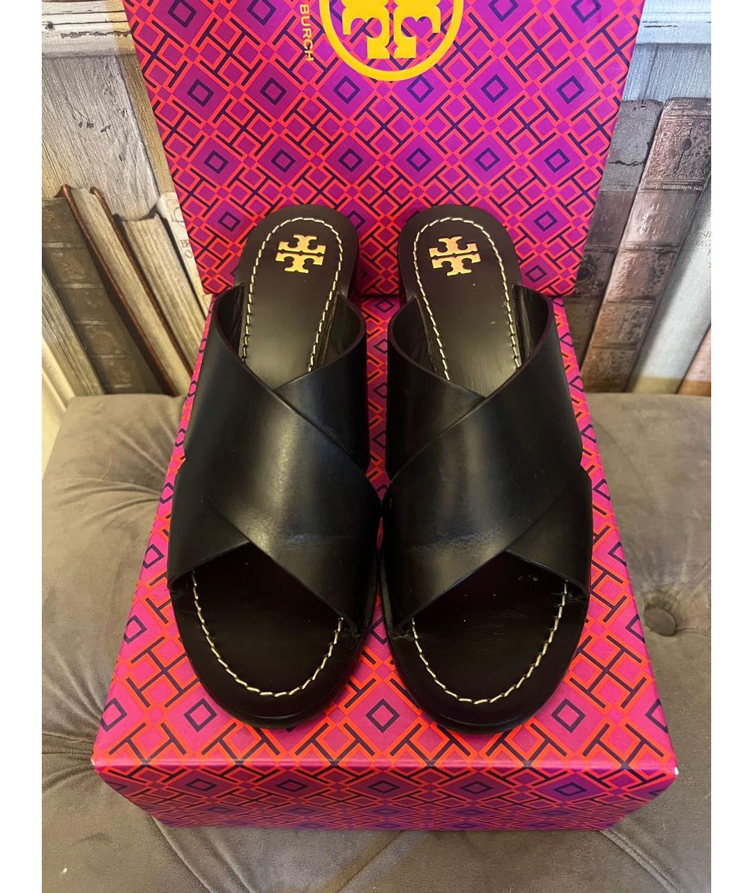 TORY BURCH Черные кожаные мюли, фото 2