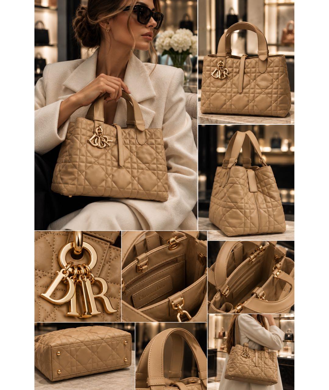 CHRISTIAN DIOR Бежевая кожаная сумка с короткими ручками, фото 2
