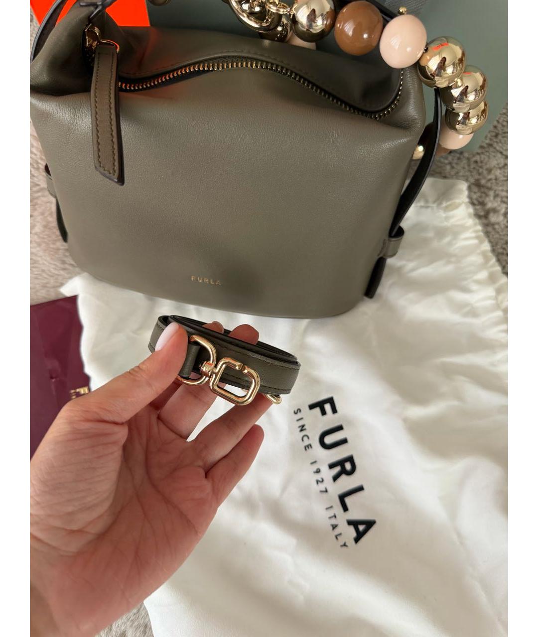 FURLA Хаки кожаная сумка с короткими ручками, фото 4
