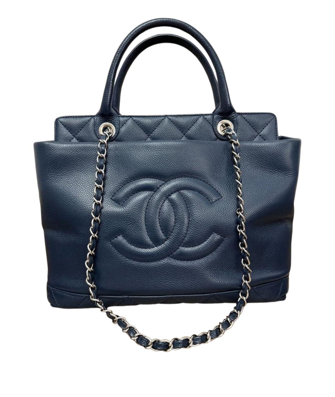 CHANEL Темно-синяя кожаная сумка тоут, фото 1