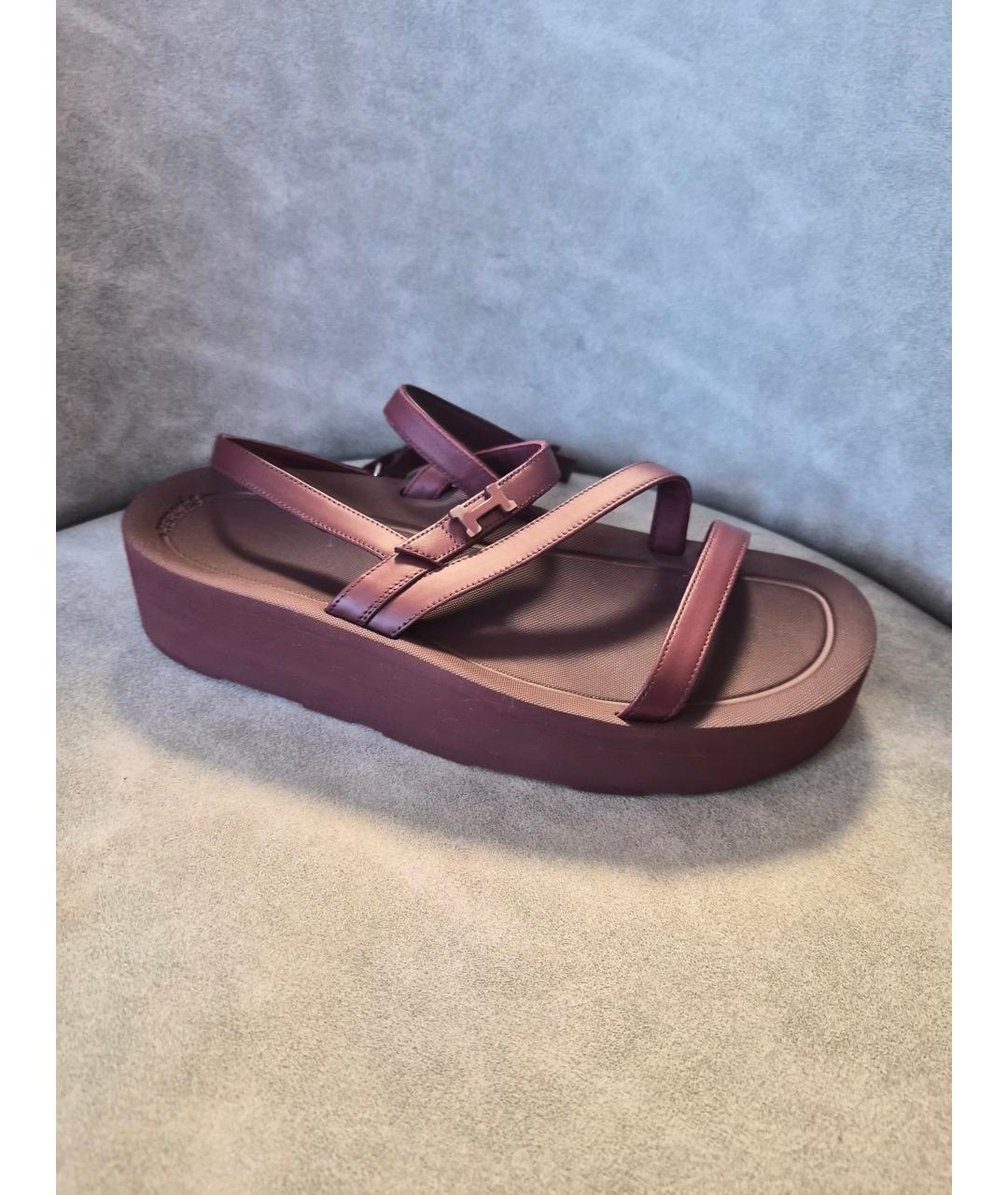 HERMES Бордовые кожаные босоножки, фото 8