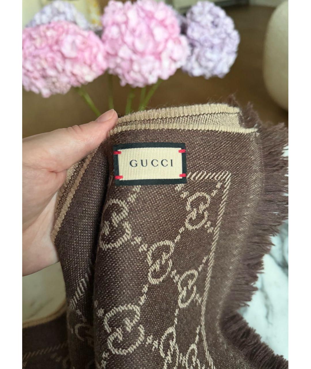 GUCCI Коричневый шерстяной шарф, фото 8