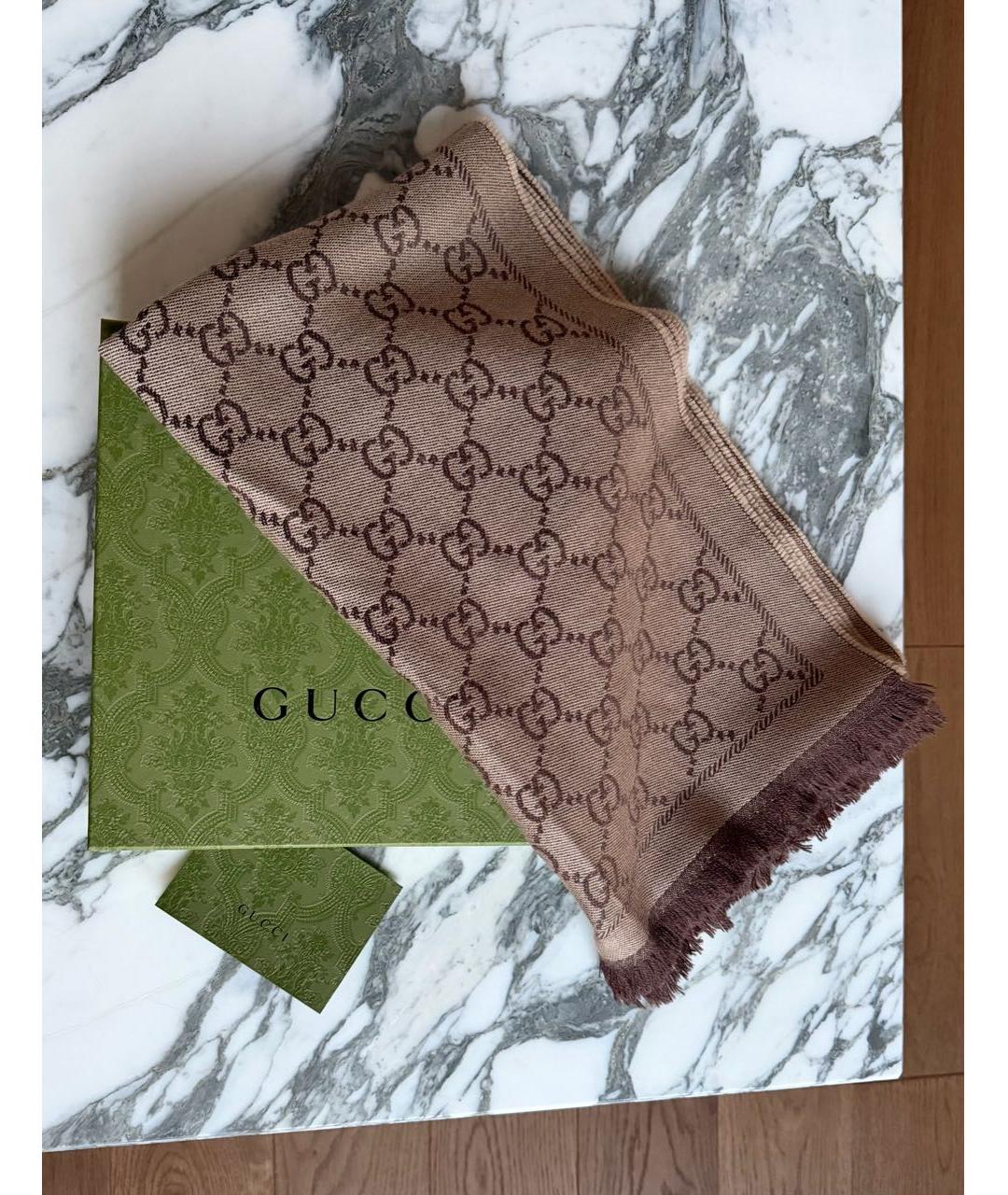 GUCCI Коричневый шерстяной шарф, фото 7