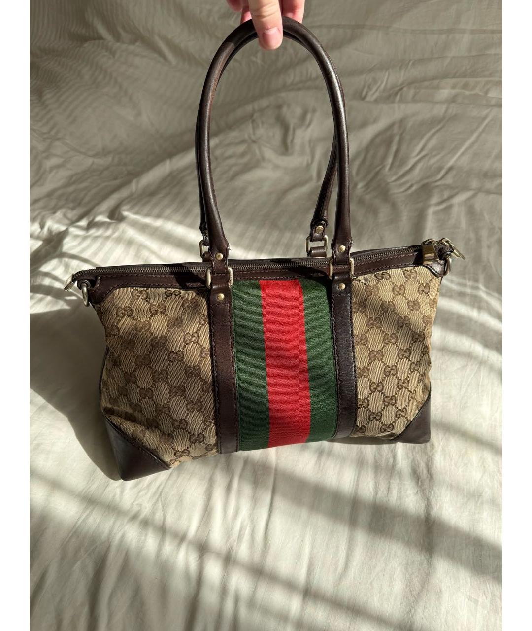 GUCCI Коричневая тканевая сумка с короткими ручками, фото 2
