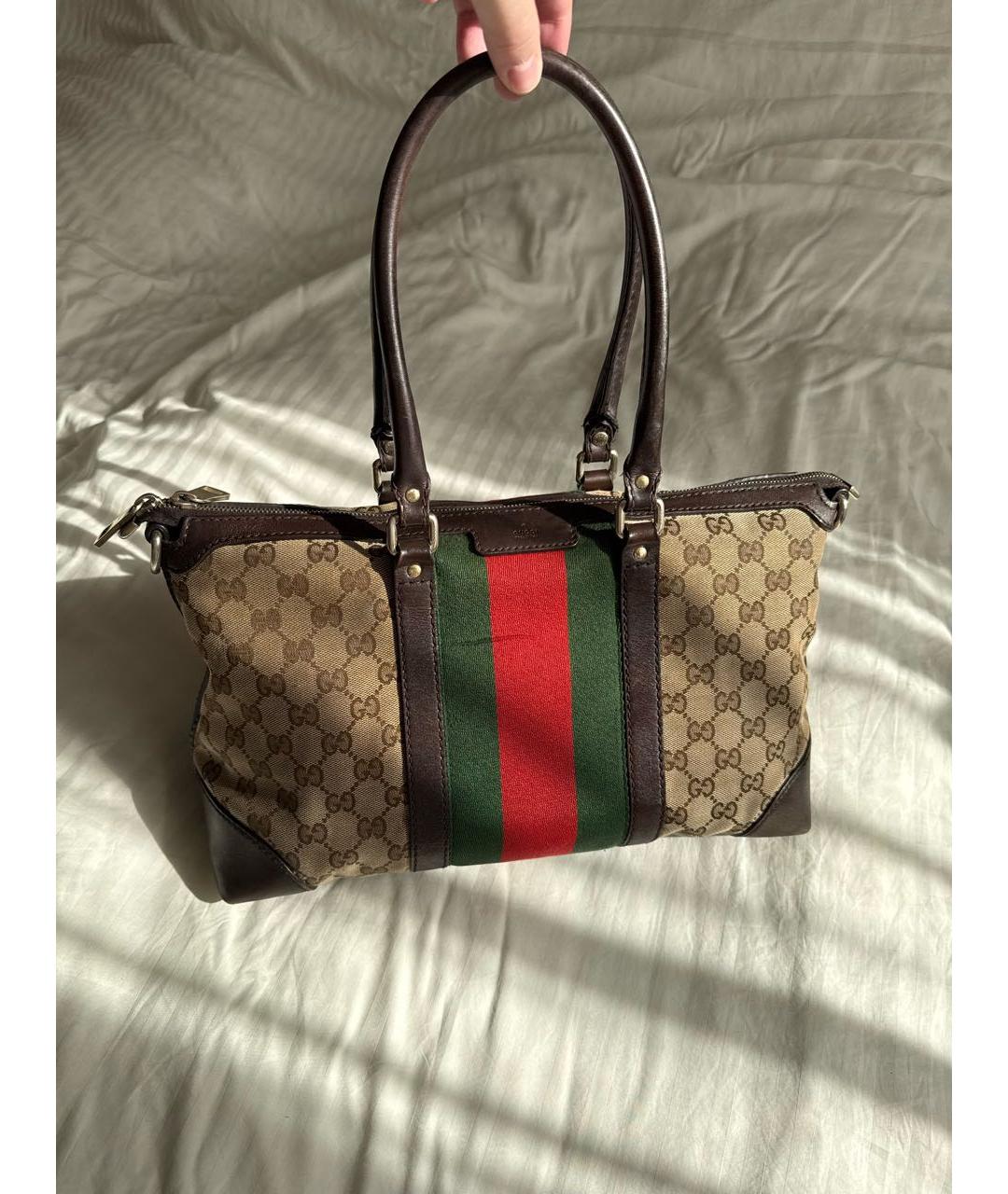 GUCCI Коричневая тканевая сумка с короткими ручками, фото 9