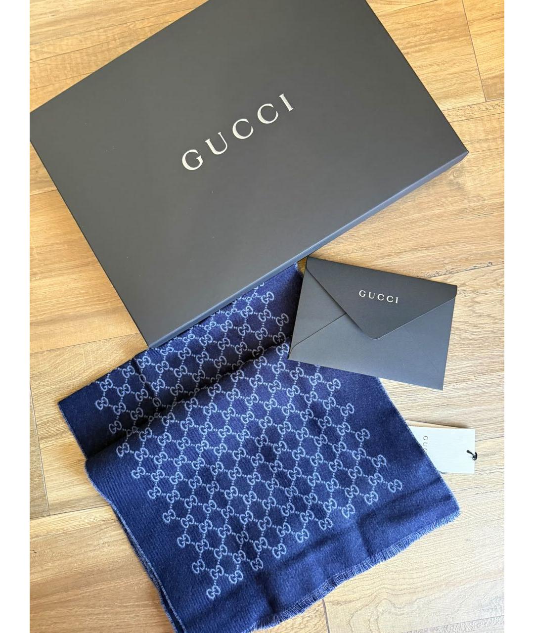GUCCI Темно-синий шерстяной шарф, фото 4