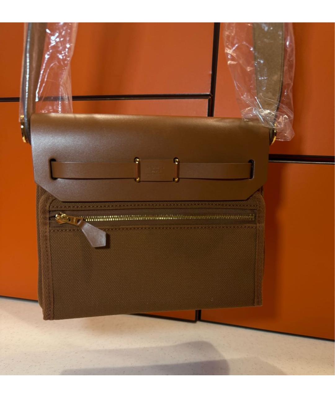 HERMES Коричневая сумка через плечо из канвы, фото 3