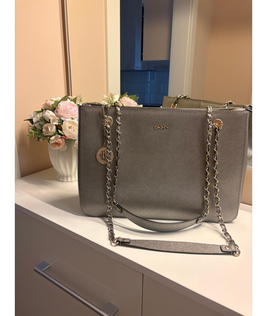 DKNY Серебряная кожаная сумка тоут, фото 4