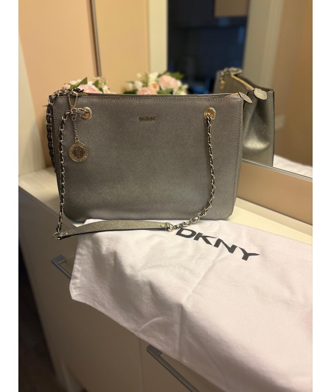 DKNY Серебряная кожаная сумка тоут, фото 2