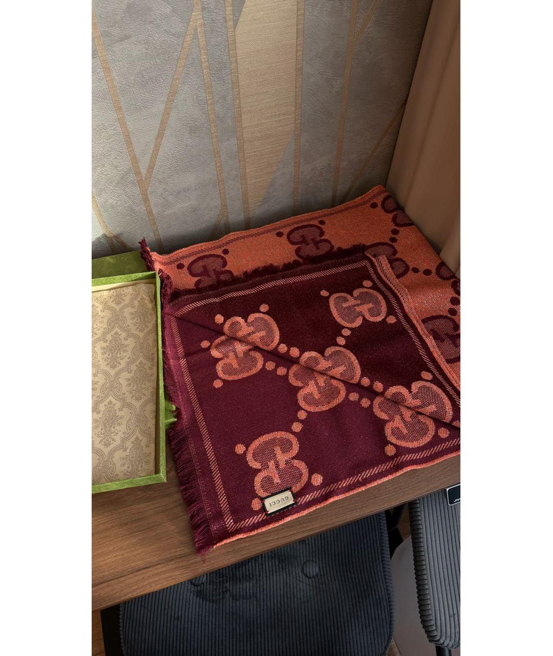 GUCCI Бордовый шелковый шарф, фото 6