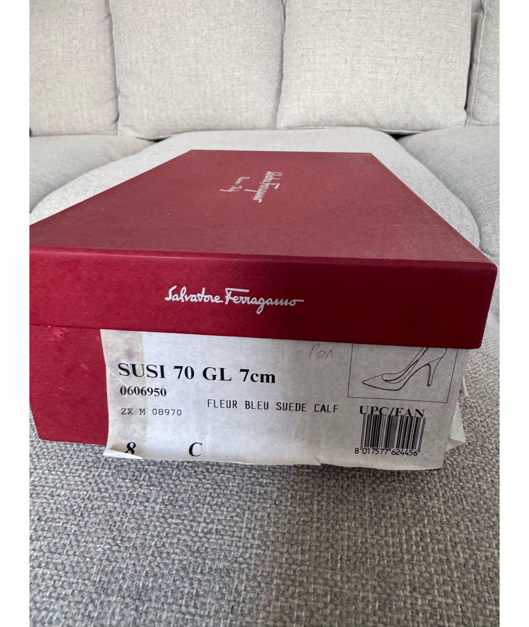 FERRAGAMO Голубые замшевые лодочки на низком каблуке, фото 8