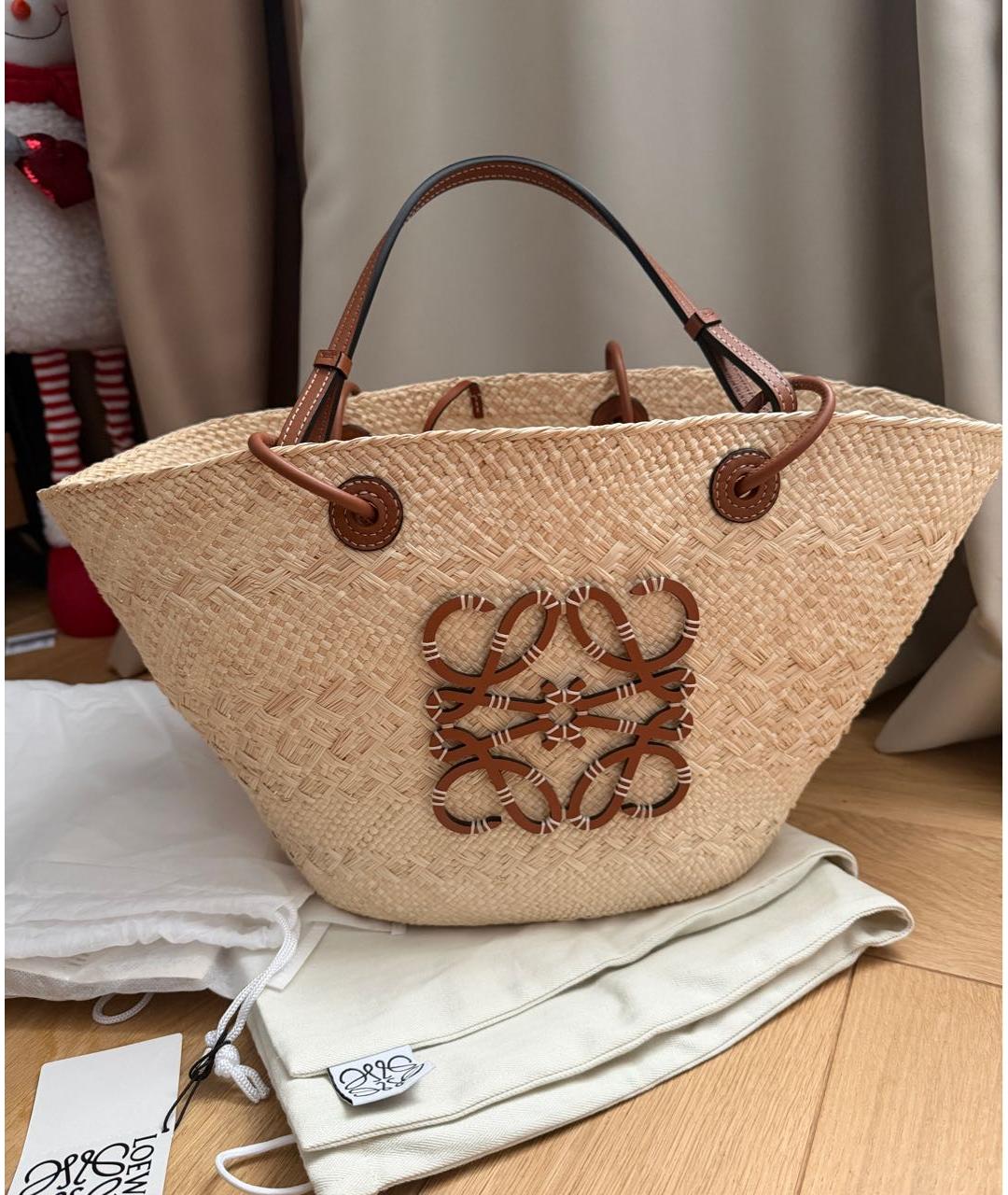 LOEWE Бежевая рафиевая пляжная сумка, фото 7