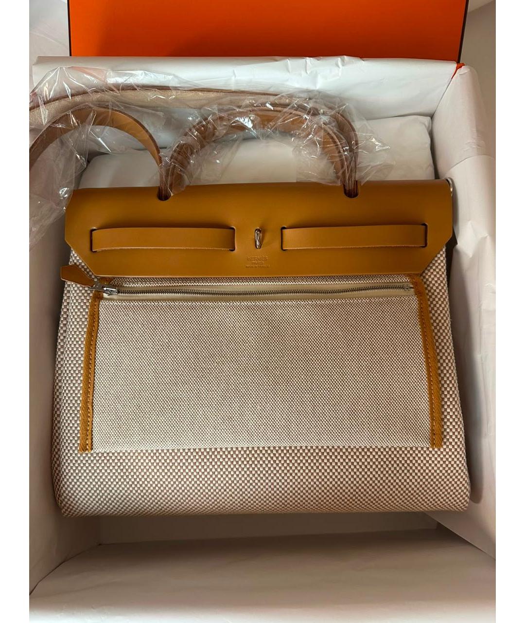 HERMES Бежевая сумка с короткими ручками из канвы, фото 2