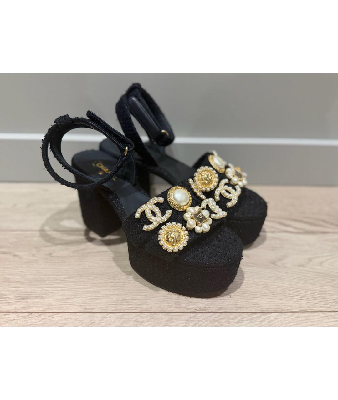 CHANEL Черные текстильные босоножки, фото 6