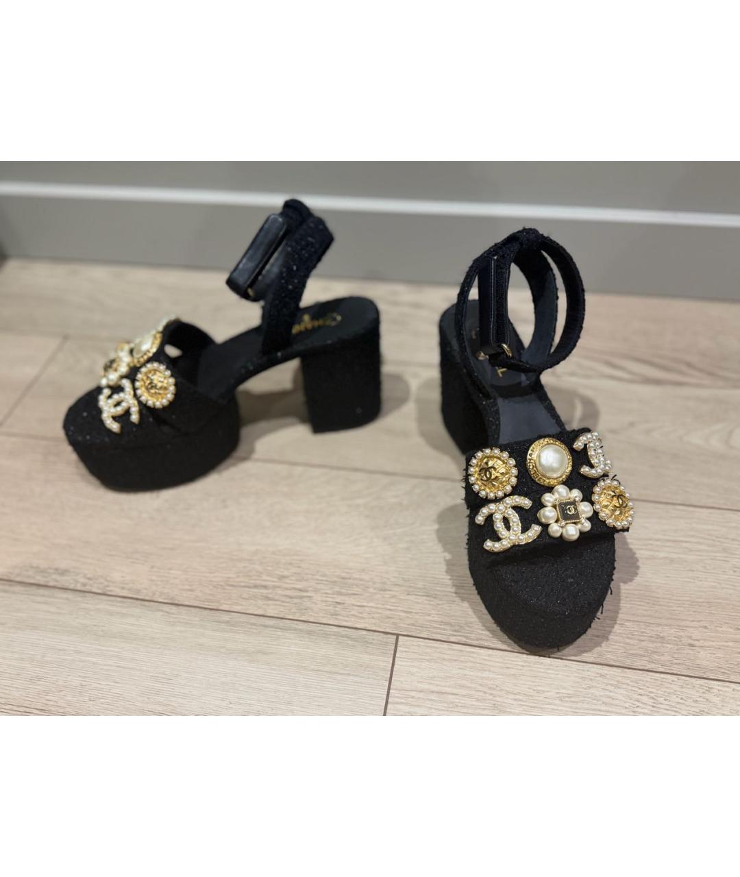 CHANEL Черные текстильные босоножки, фото 5