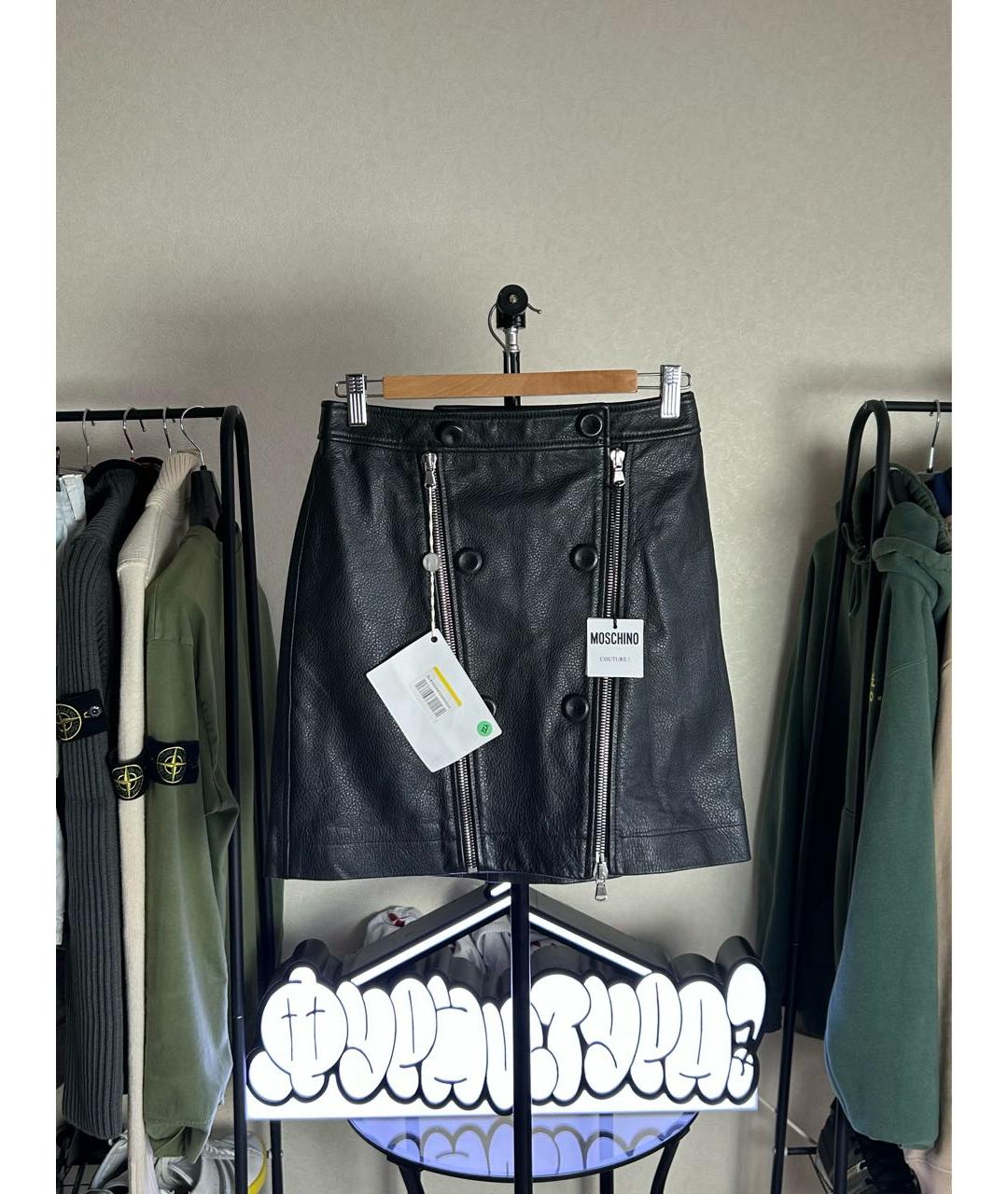 MOSCHINO Черная кожаная юбка мини, фото 3
