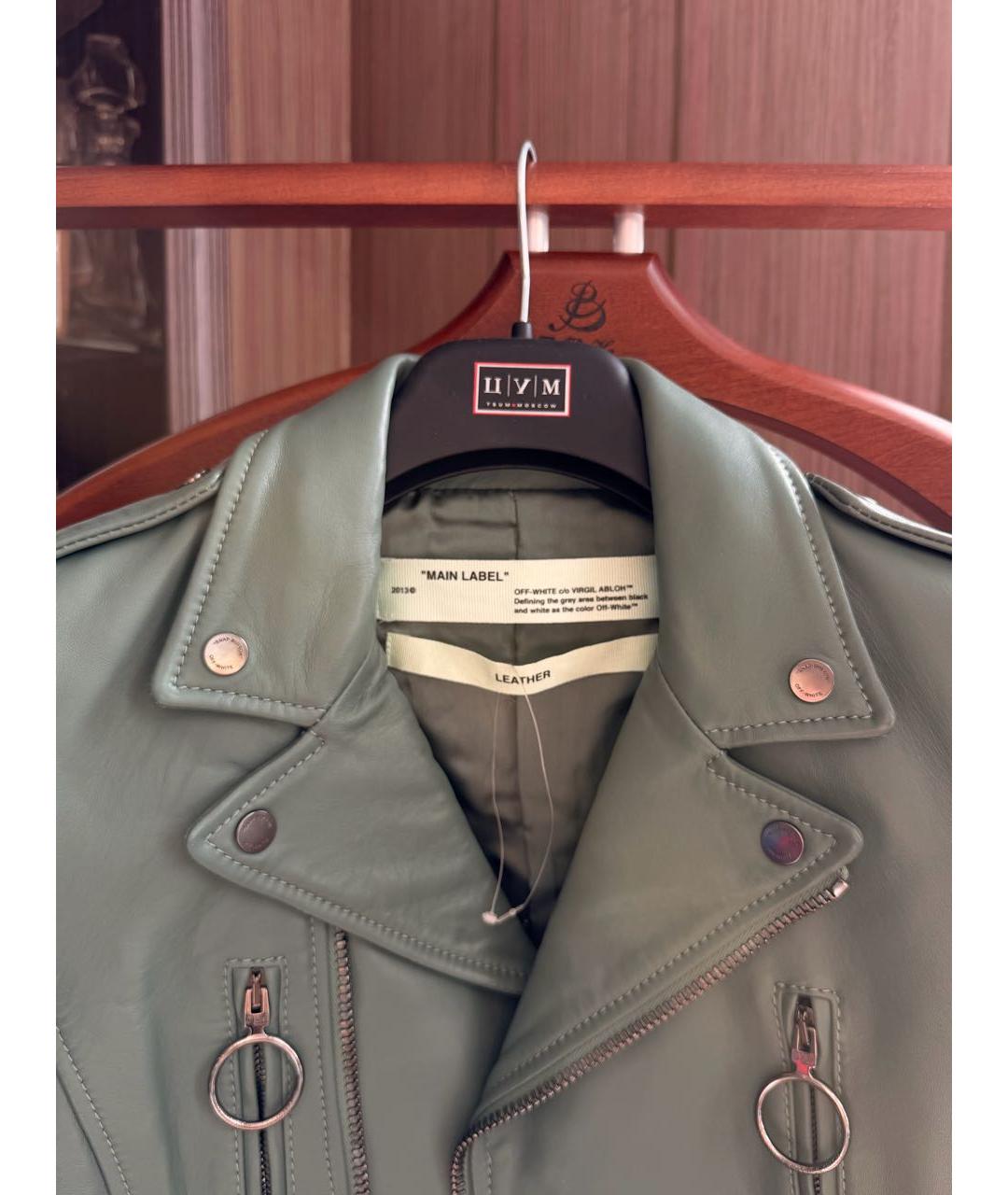 OFF-WHITE Хаки кожаная куртка, фото 3