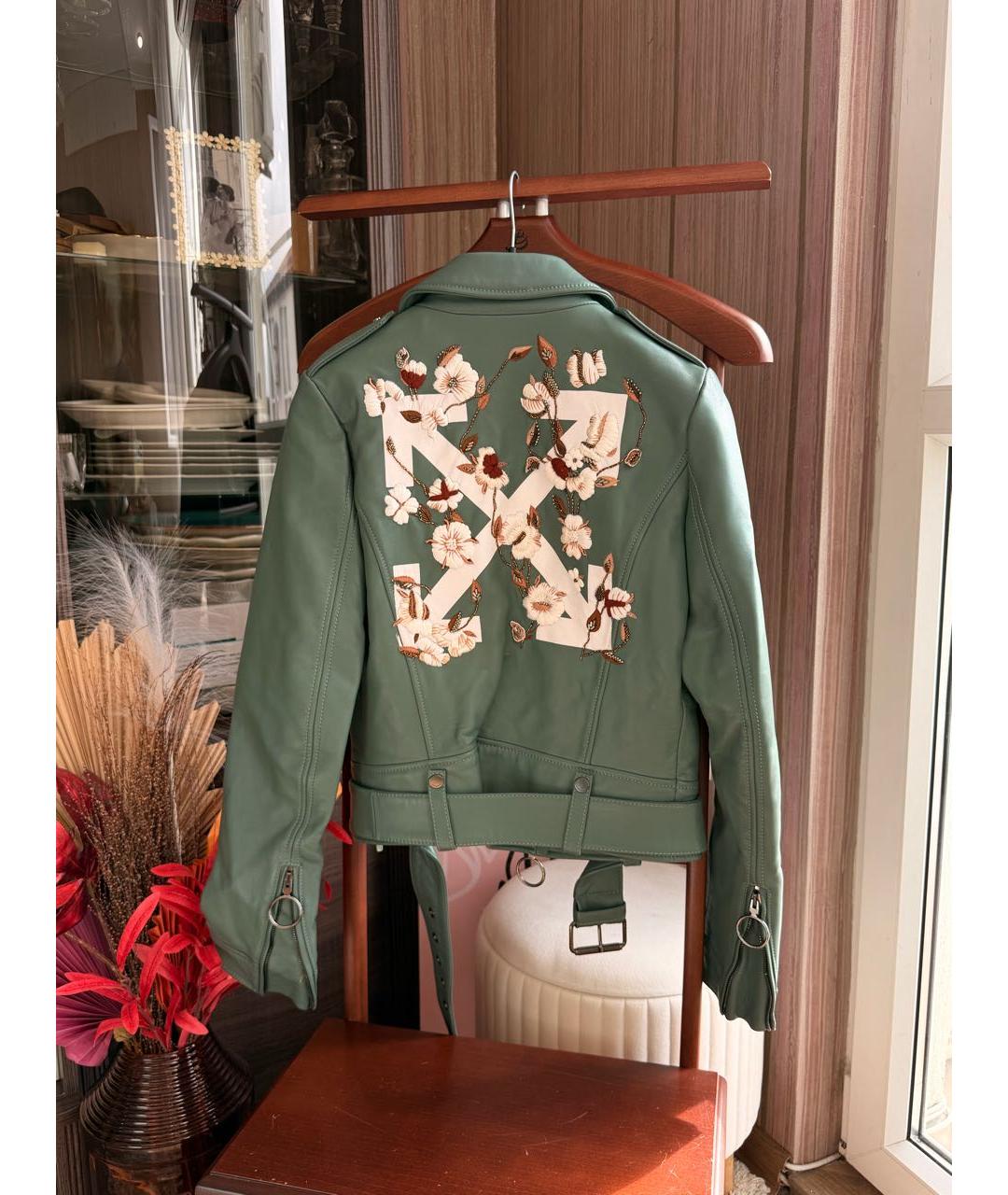 OFF-WHITE Хаки кожаная куртка, фото 2