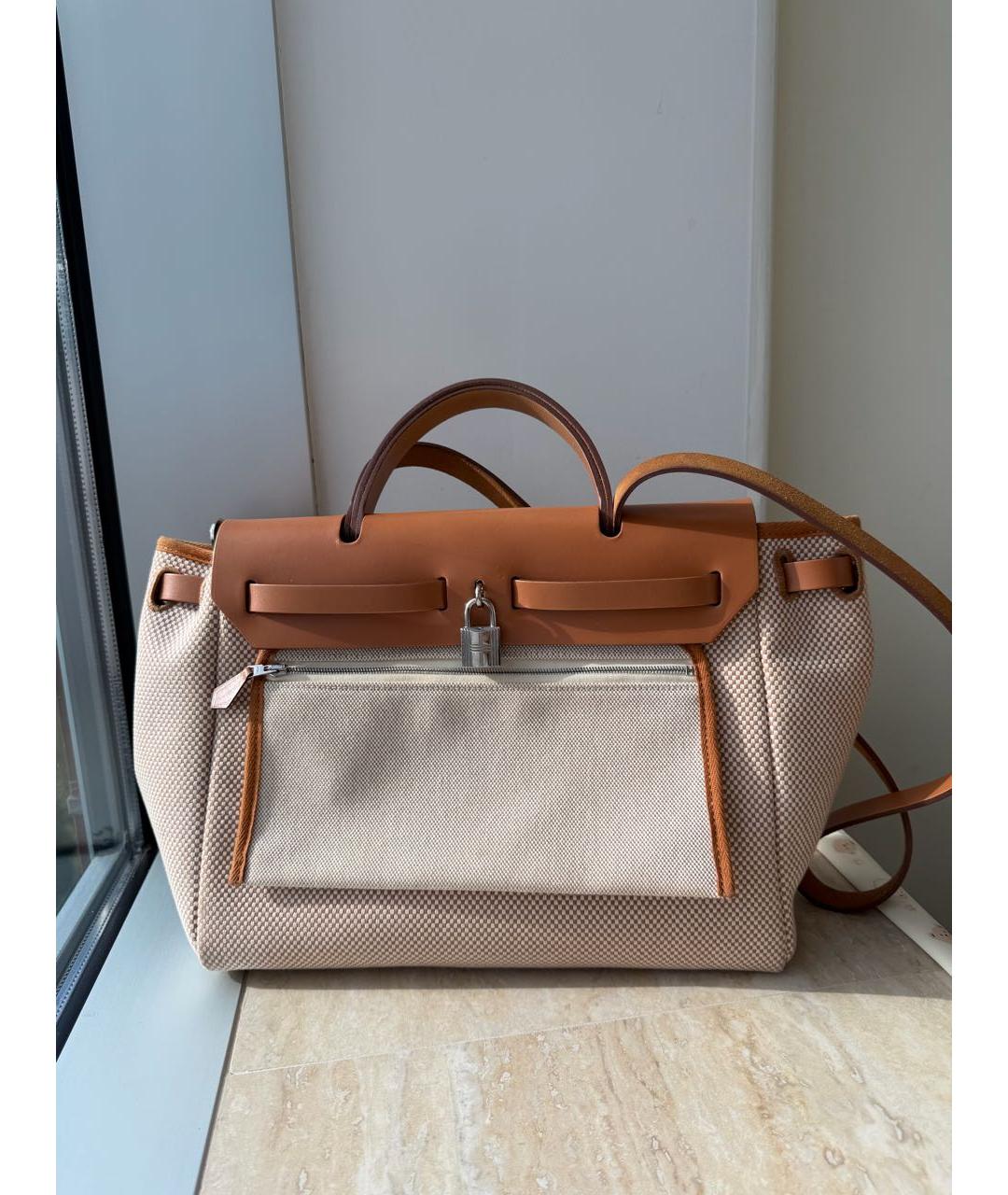 HERMES Бежевая тканевая сумка тоут, фото 3